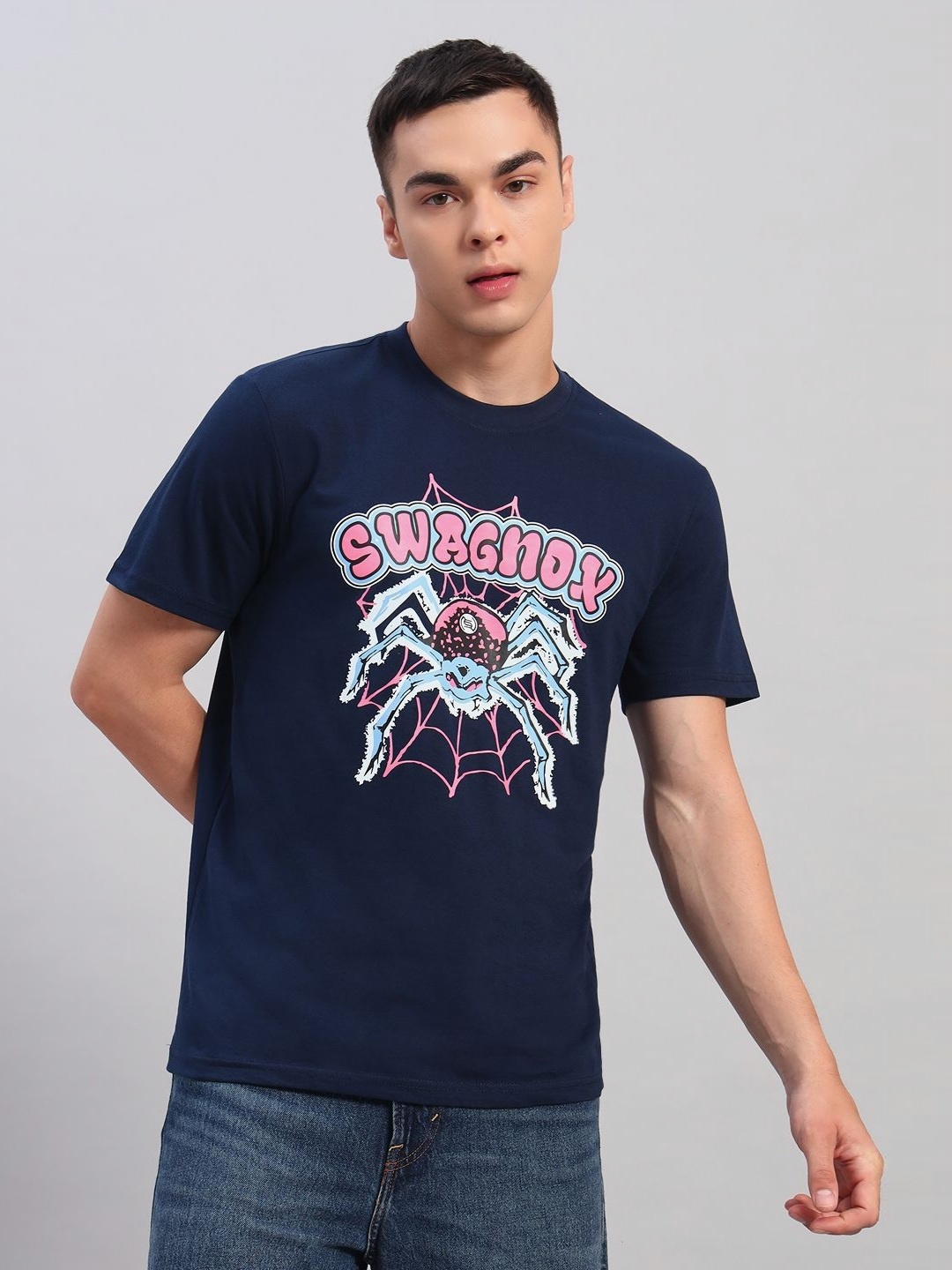 

SWAGNOX Men Typography Printed Round Neck Cotton Regular Fit T-shirt, Blue