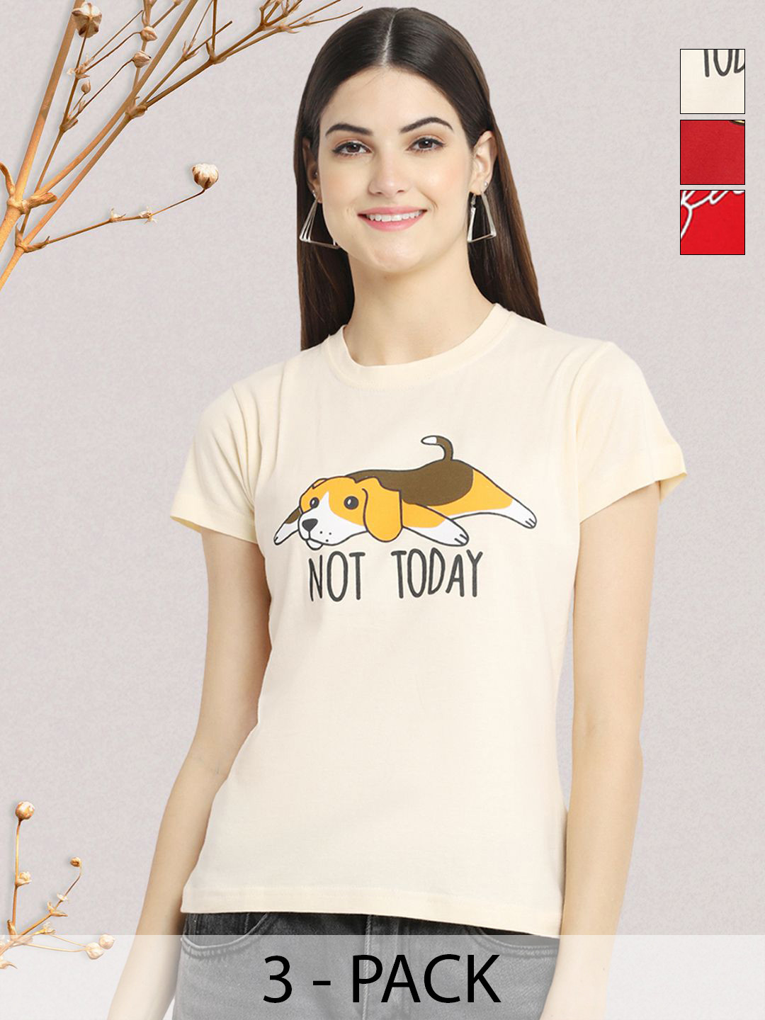 

GLOBAL NOMAD Women Pack of 3 Graphic Printed Round Neck Cotton T-shirts, Cream