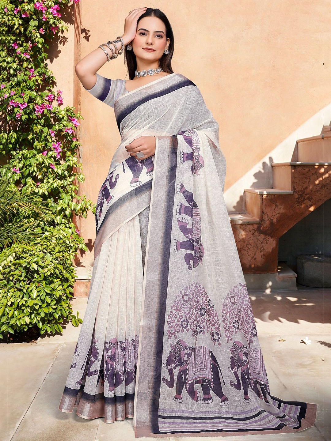 

Nimidiya Kalamkari Printed Zari Pure Cotton Saree, Off white