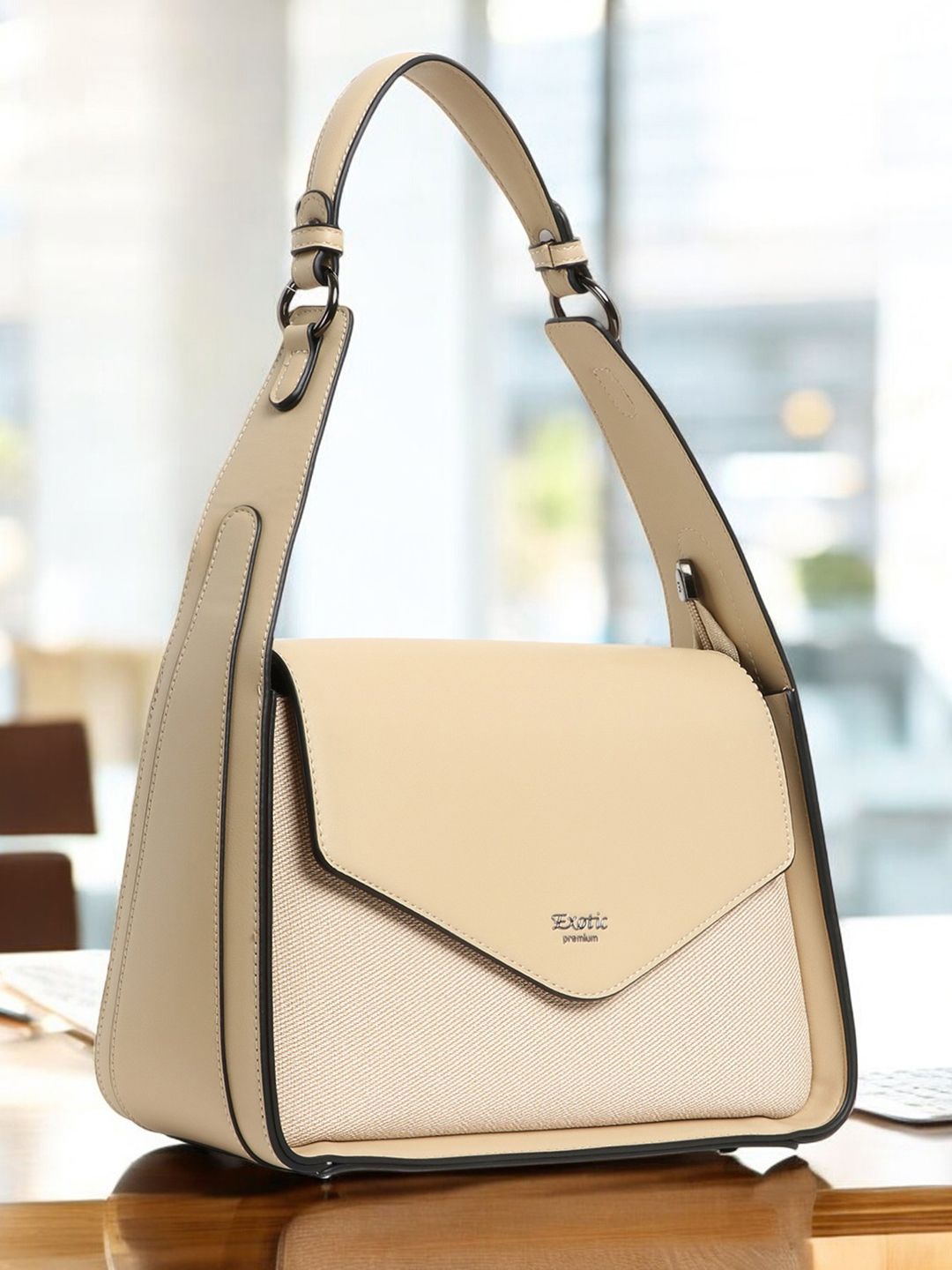 

Exotic Women Textured Structured Leather Handheld Bag, Beige