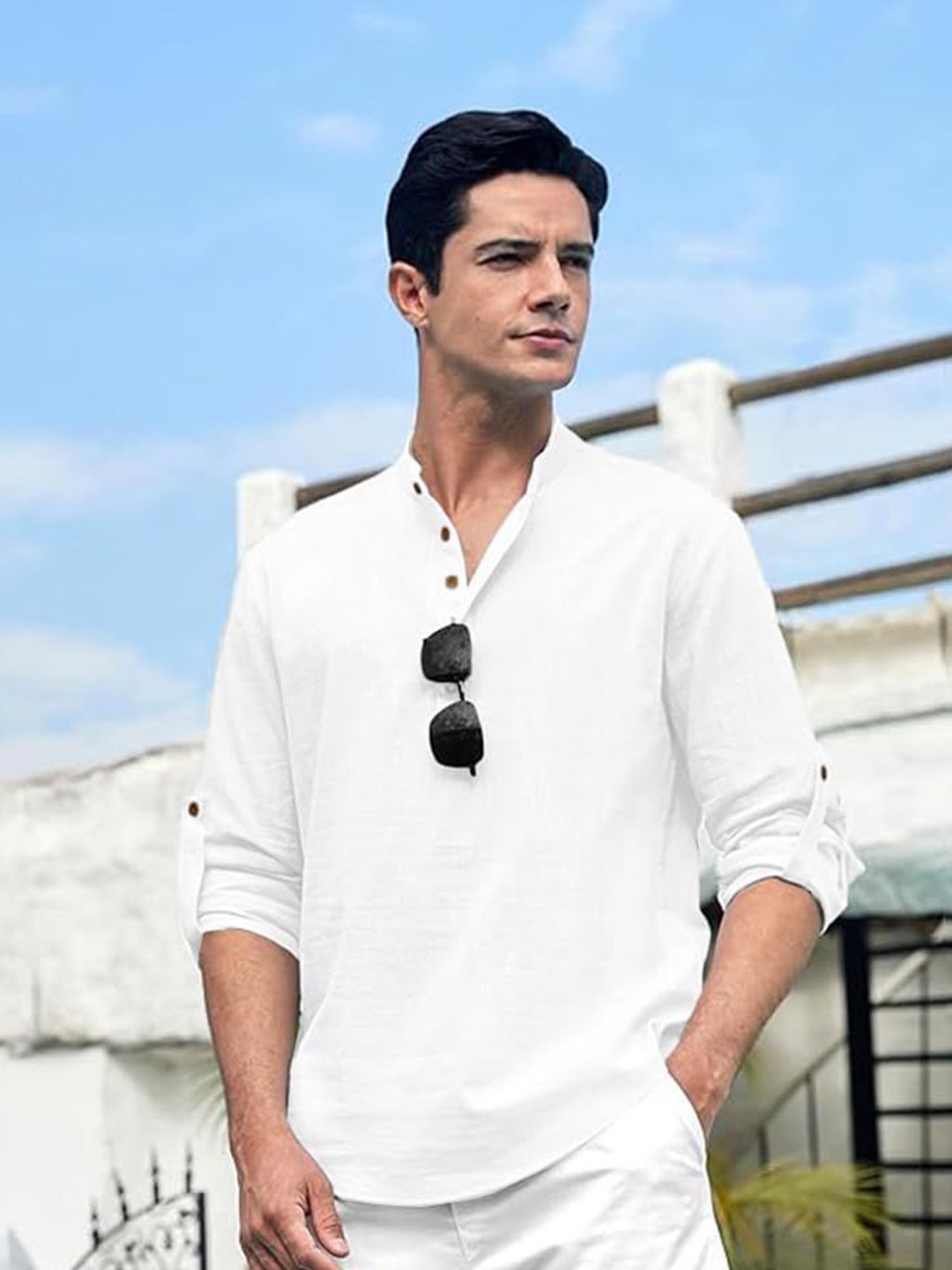 

EdinWolf Men India Slim Fit Band Collar Solid Cotton Casual Shirt, White