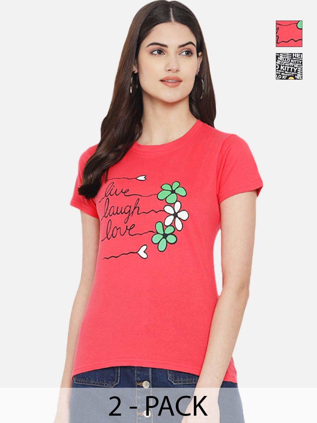 

Tromko Women Pack of 2 Typography Printed Round Neck Cotton Regular Fit T-shirts, Pink