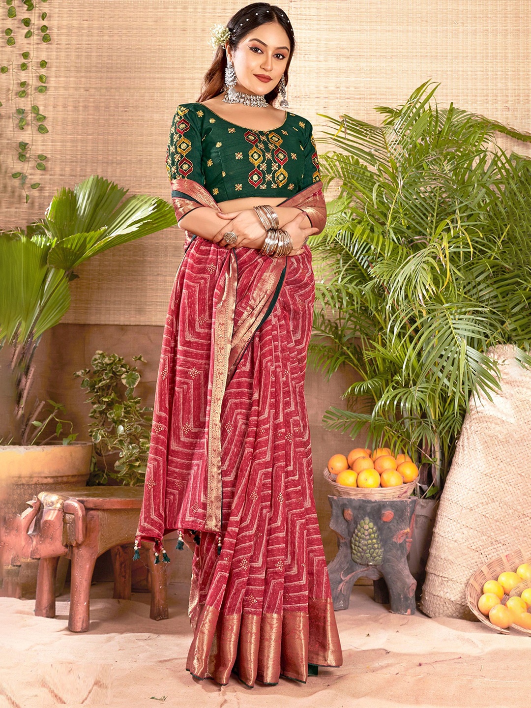 

MAHALASA Ethnic Motifs Embroidered Designer Saree, Pink