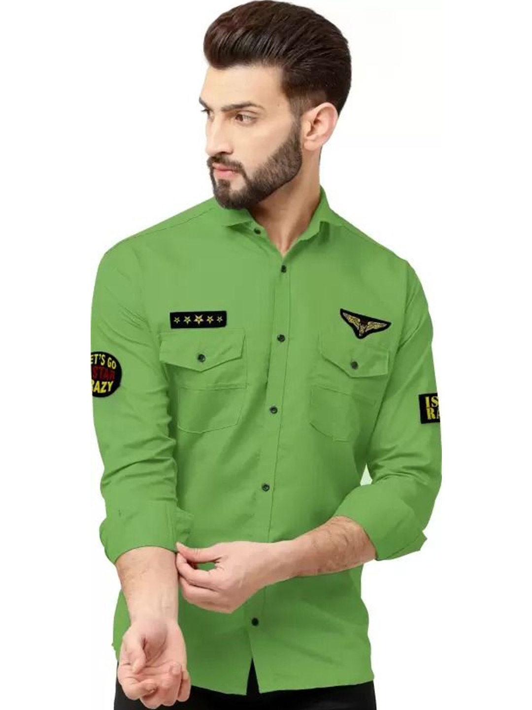 

GREENFLAIR Men Classic Slim Fit Band Collar Solid Casual Shirt, Green