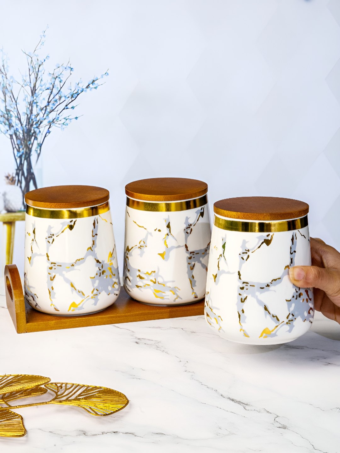 

Roxx White 4 Pieces Ceramic Dishwasher Safe Server set with Wooden Lid & Tray