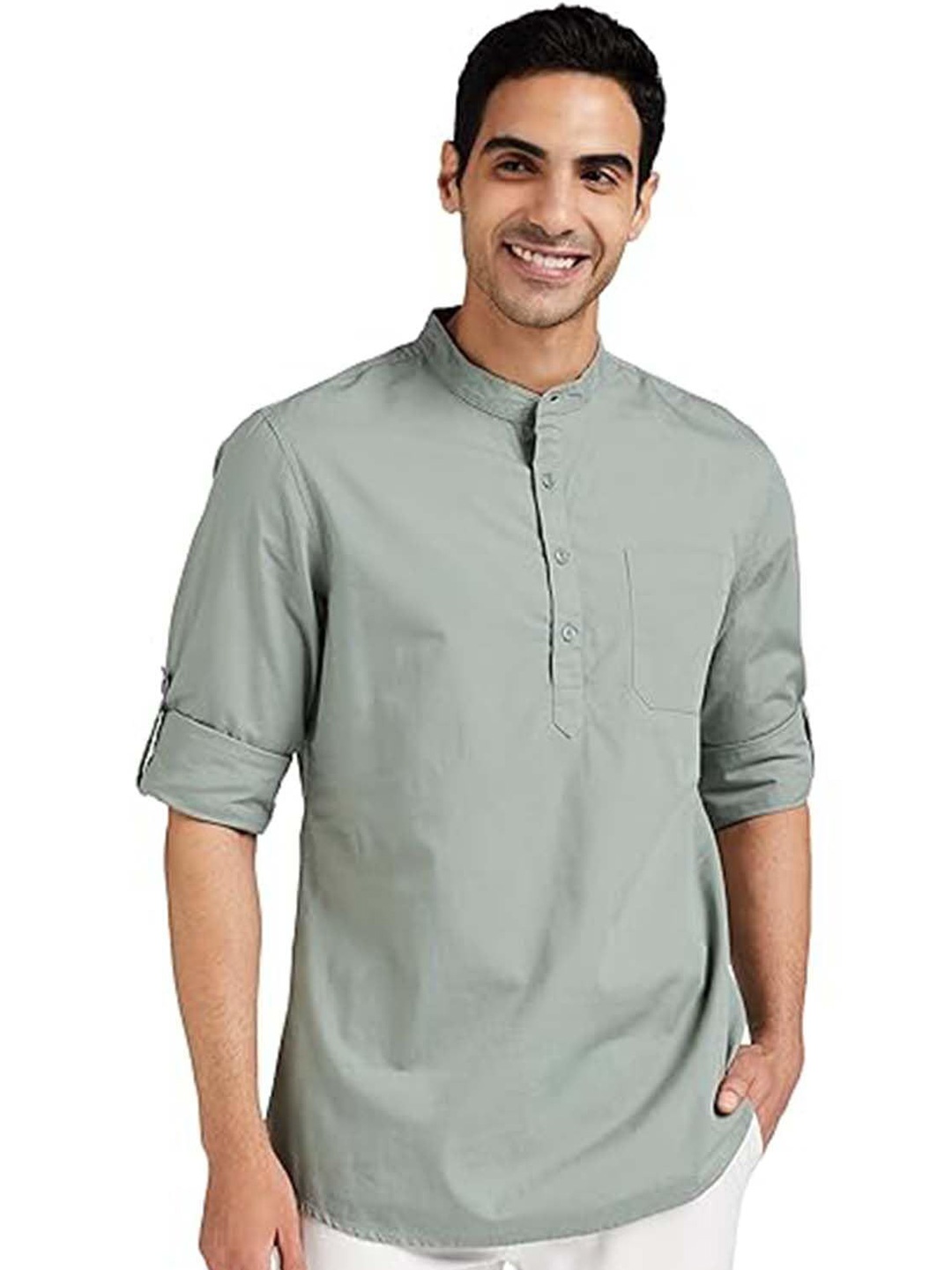

EdinWolf Men India Slim Fit Band Collar Solid Cotton Casual Shirt, Grey melange