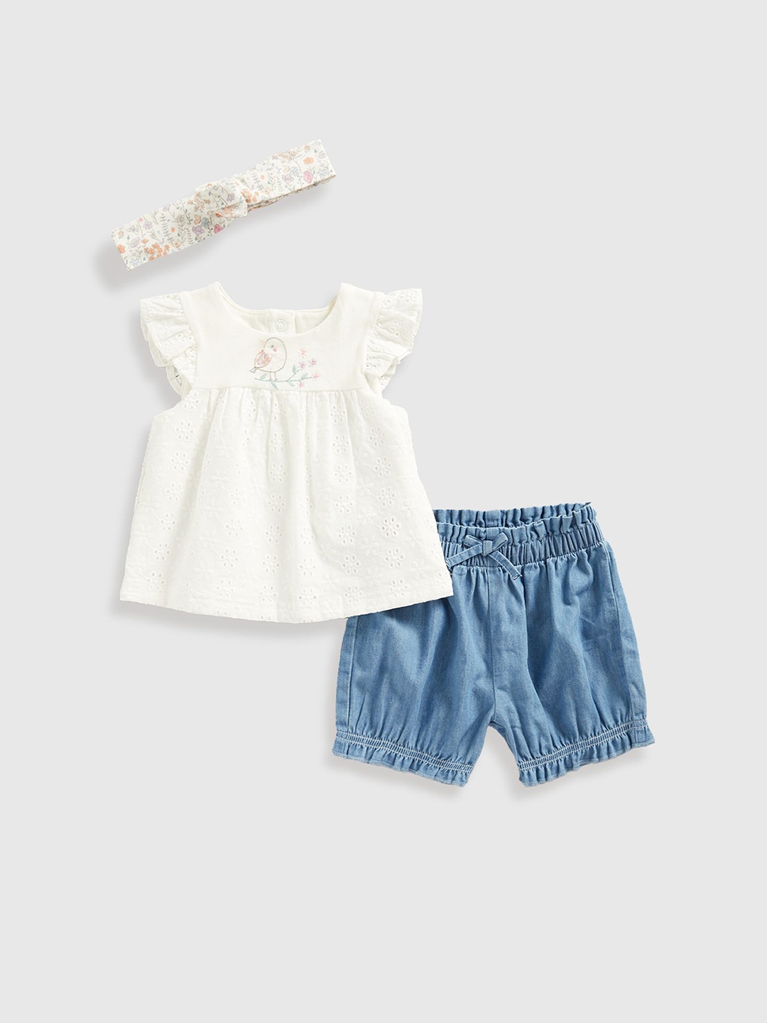

mothercare Girls Embroidered Pure Cotton A-Line Top With Shorts & Headband, White