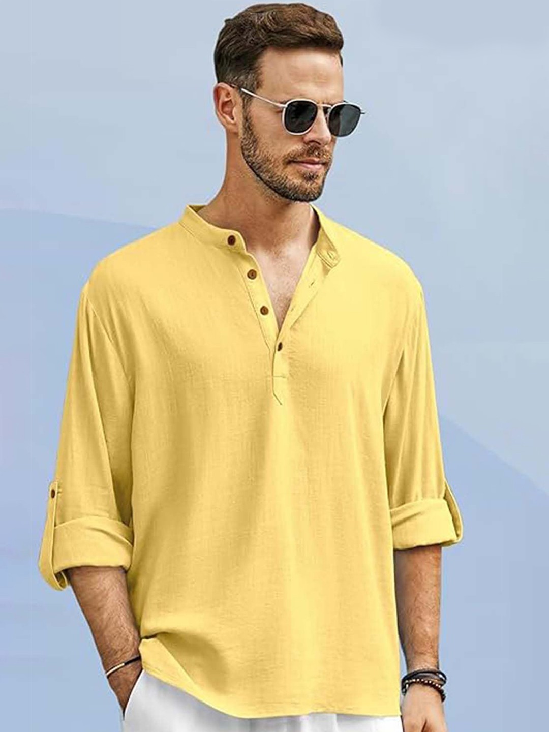 

EdinWolf Men India Slim Fit Band Collar Solid Cotton Casual Shirt, Yellow