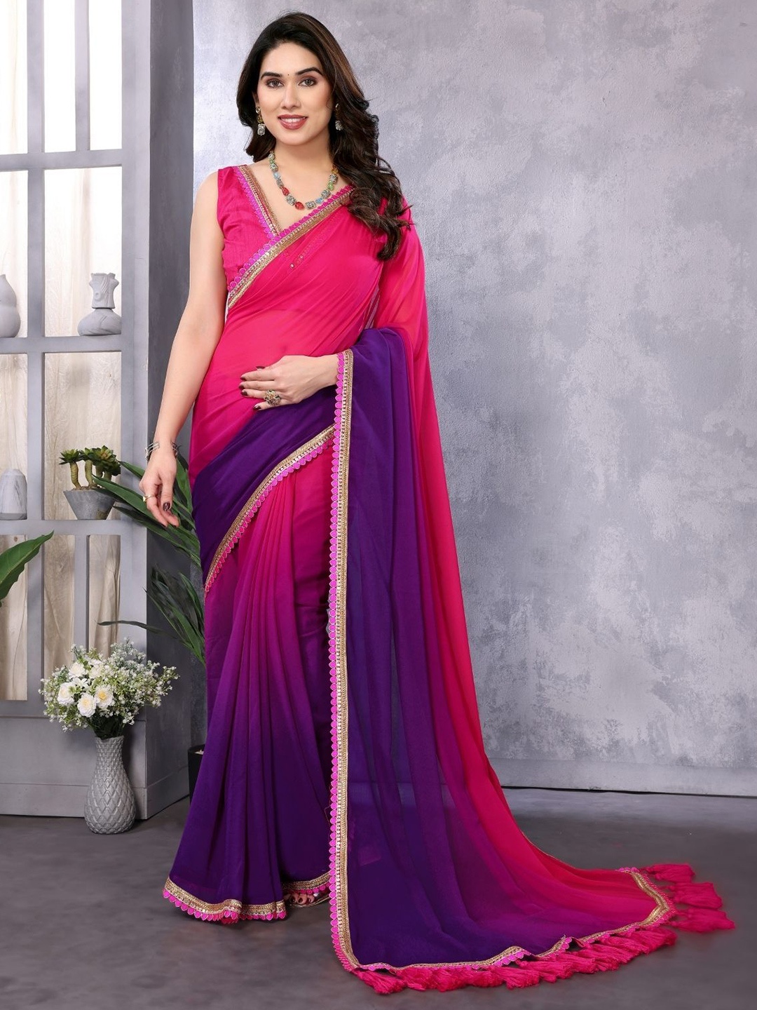 

ODETTE Women Ombre Odette Pink And Blue Georgette Lace Work Saree With Unstitched Blouse