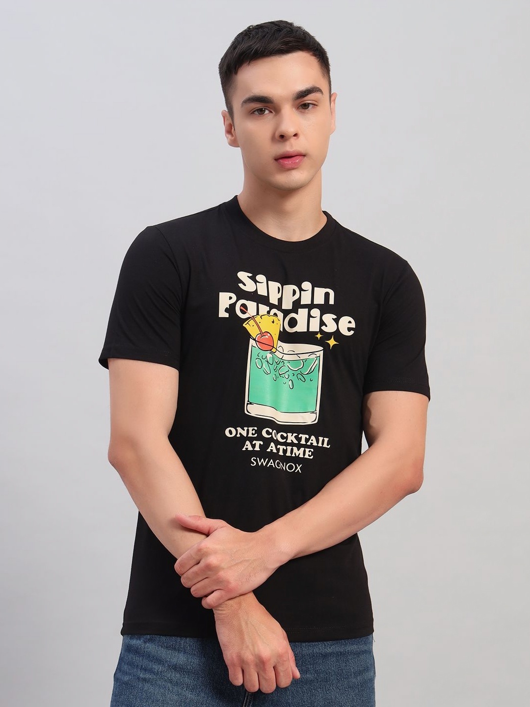 

SWAGNOX Men Graphic Printed Round Neck Cotton Regular Fit T-shirt, Black