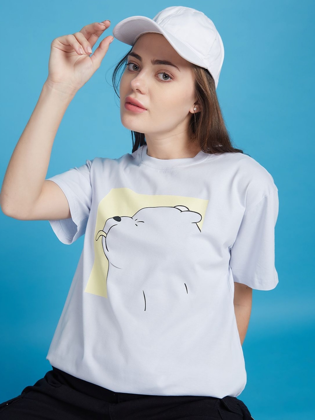 

Mast & Harbour Women Graphic Printed Round Neck Cotton Oversized T-shirt, Grey