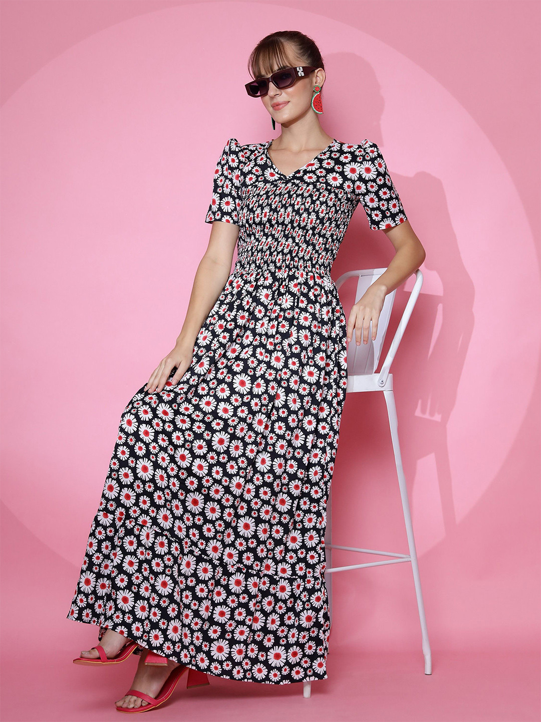 

De La Moda Women Floral Printed Puff Sleeve Fit & Flare Maxi Dress, Black
