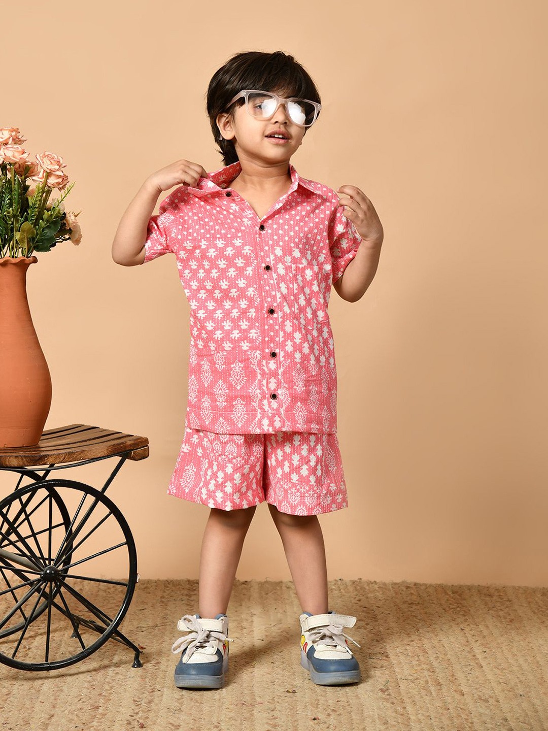 

BAESD Boys Printed Short Sleeves Pure Cotton Shirt With Shorts, Pink