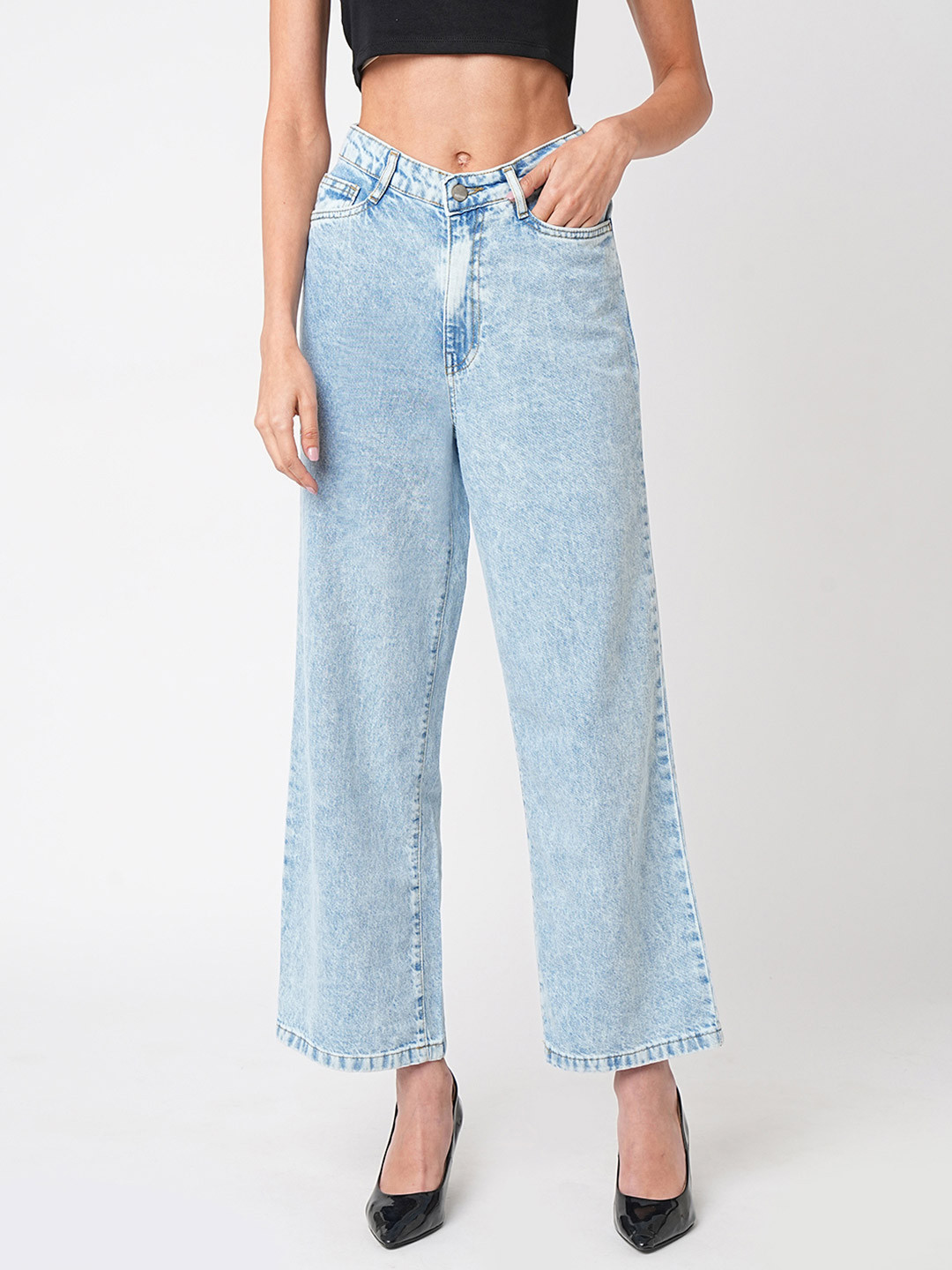 

Kraus Jeans Women Wide Leg High-Rise Heavy Fade Cotton Jeans, Blue