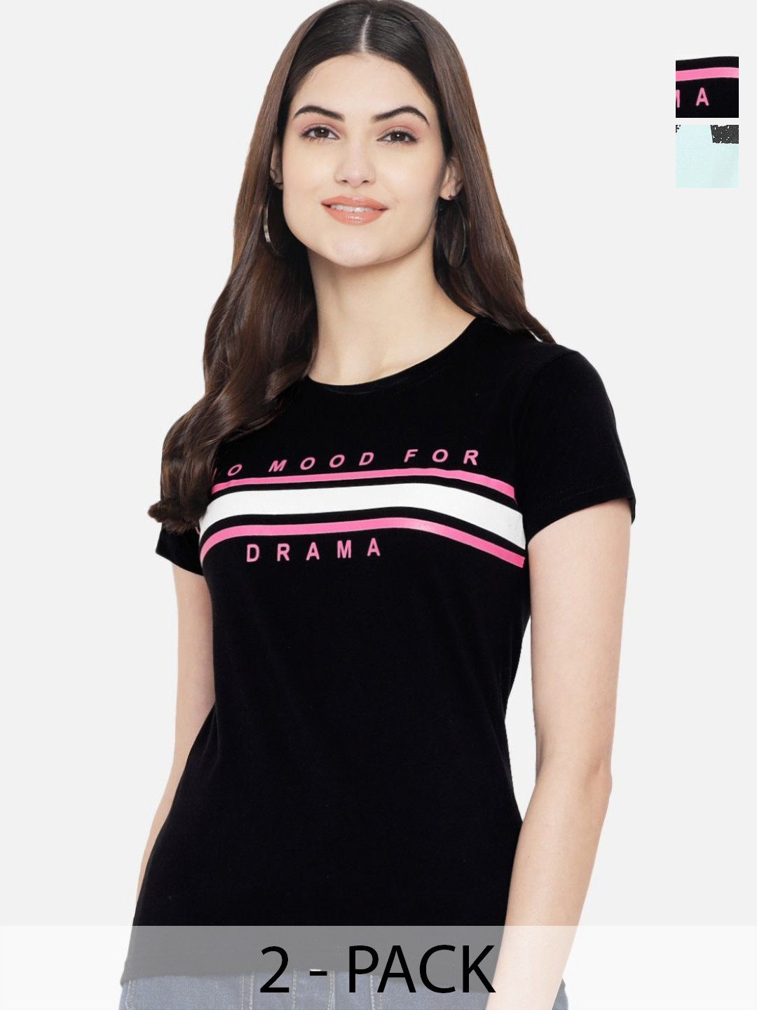 

Tromko Women Pack of 2 Typography Printed Round Neck Cotton Regular Fit T-shirts, Black