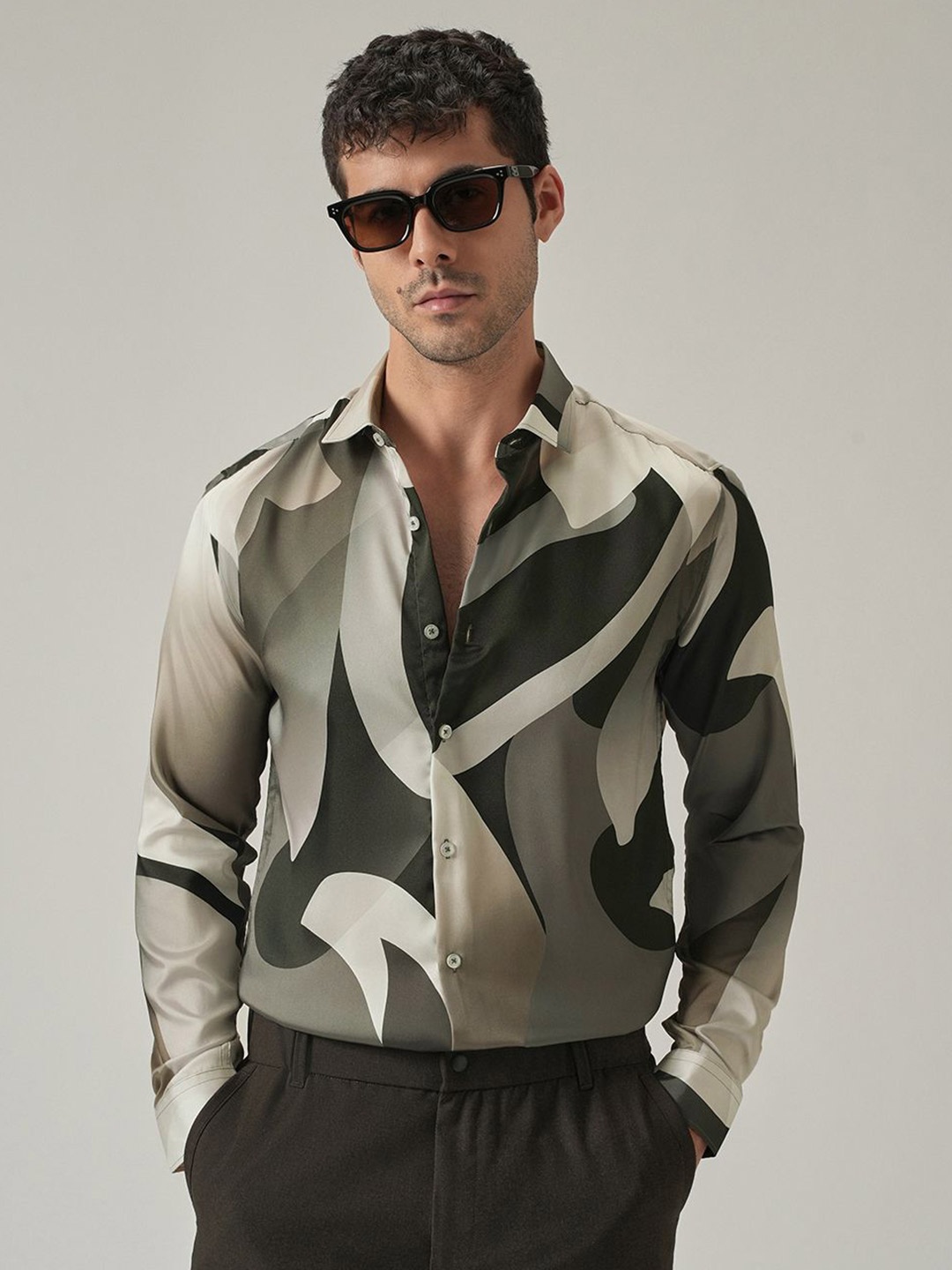 

Banana Club Men Classic Slim Fit Opaque Abstract Casual Shirt, Olive