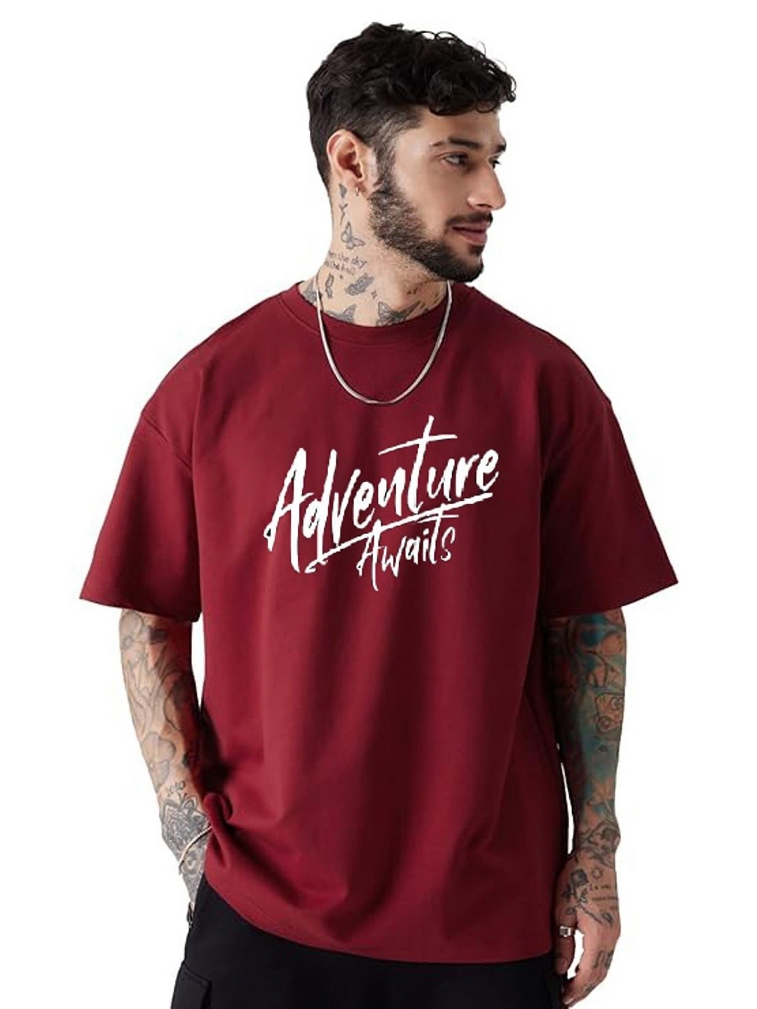 

f Gallery Men Solid Round Neck Oversized T-shirt, Maroon
