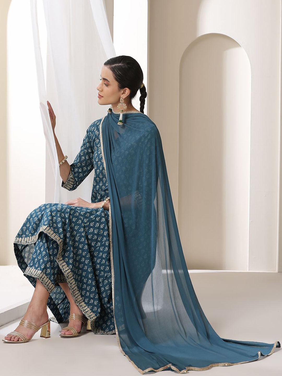 

Khushal K Floral Printed Zari Pure Cotton A-Line Kurta With Palazzos And Dupatta, Blue