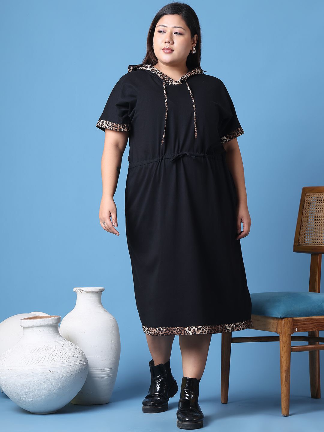 

theRebelinme Women Plus Size Pure Cotton A-Line Midi Dress, Black
