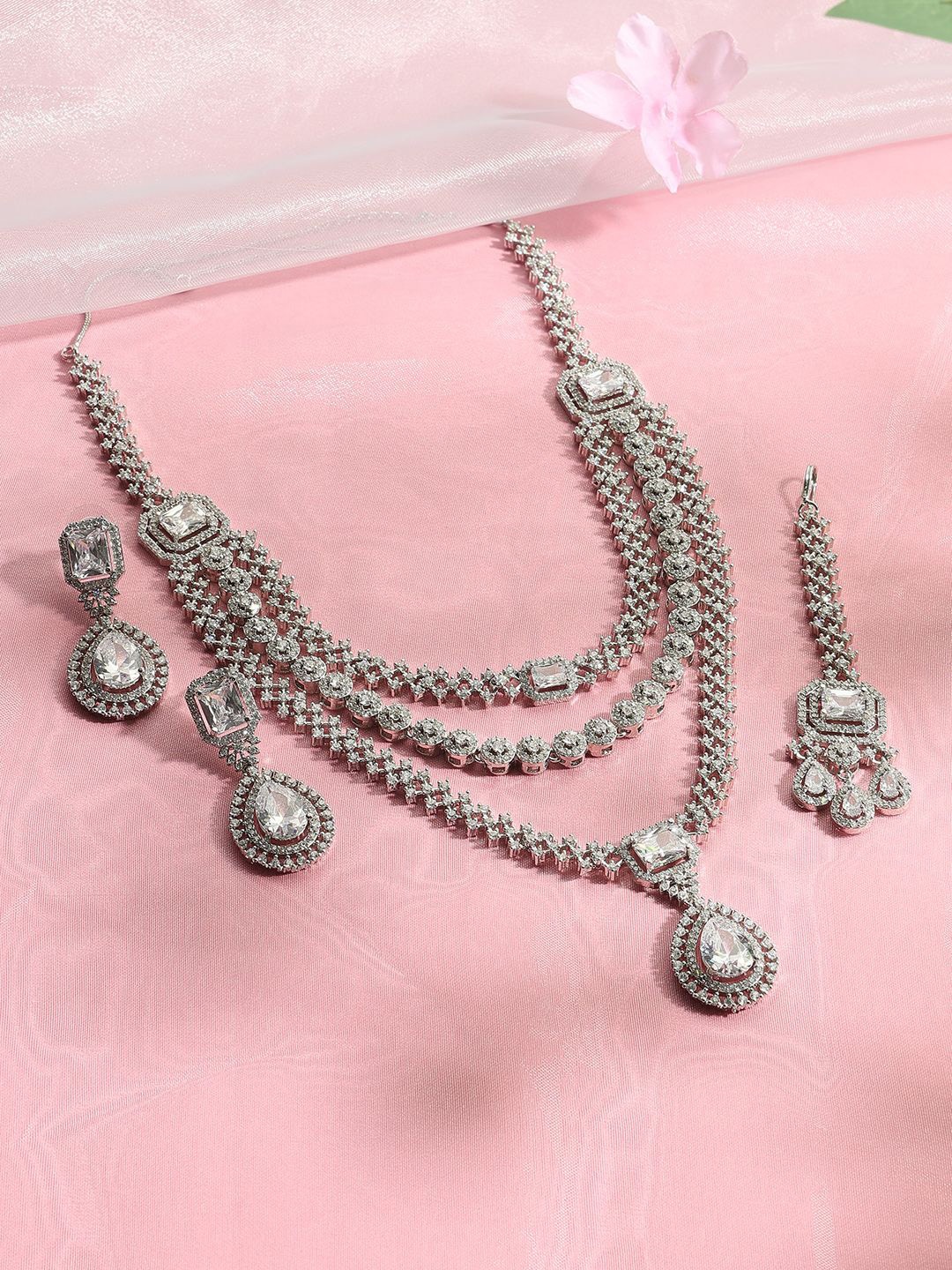 

justpeachy Rhodium-Plated American Diamond-Studded Jewellery Set, Silver