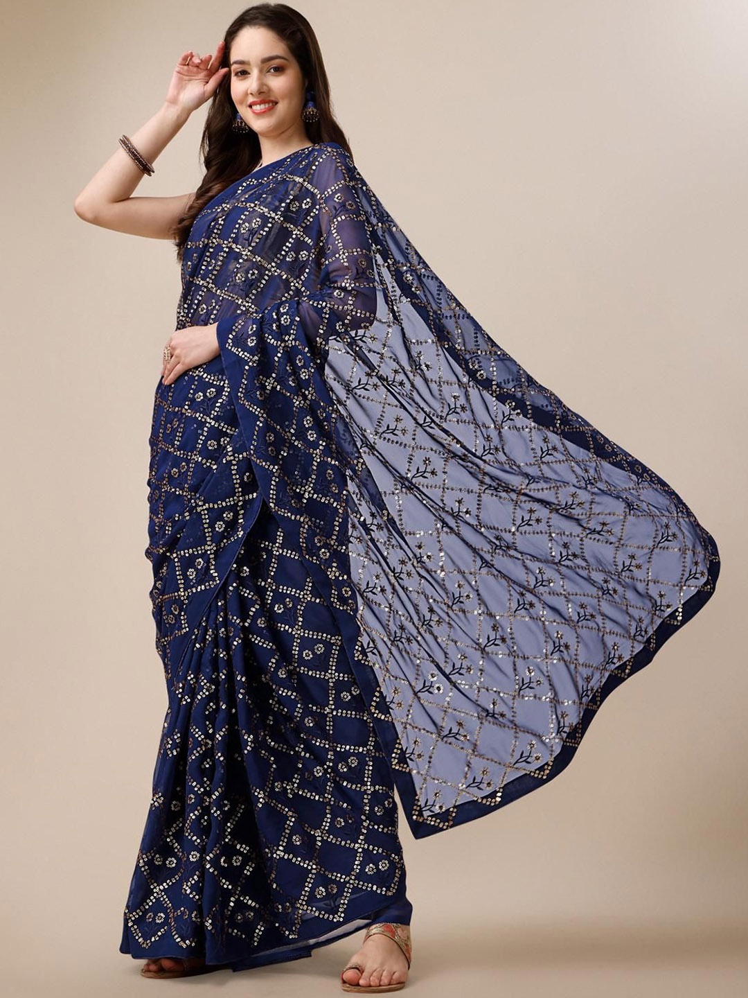 

THE52 Embellished Sequinned Pure Georgette Saree, Blue