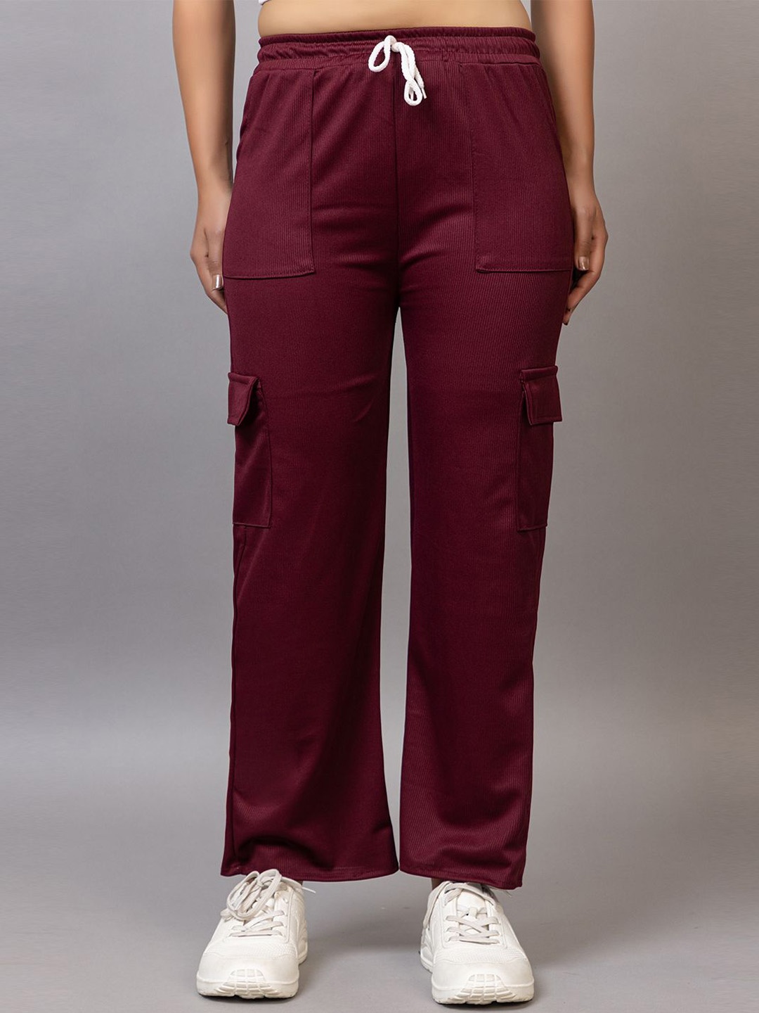 

PROBASIC Women Striped High-Rise Straight Fit Cargos, Maroon