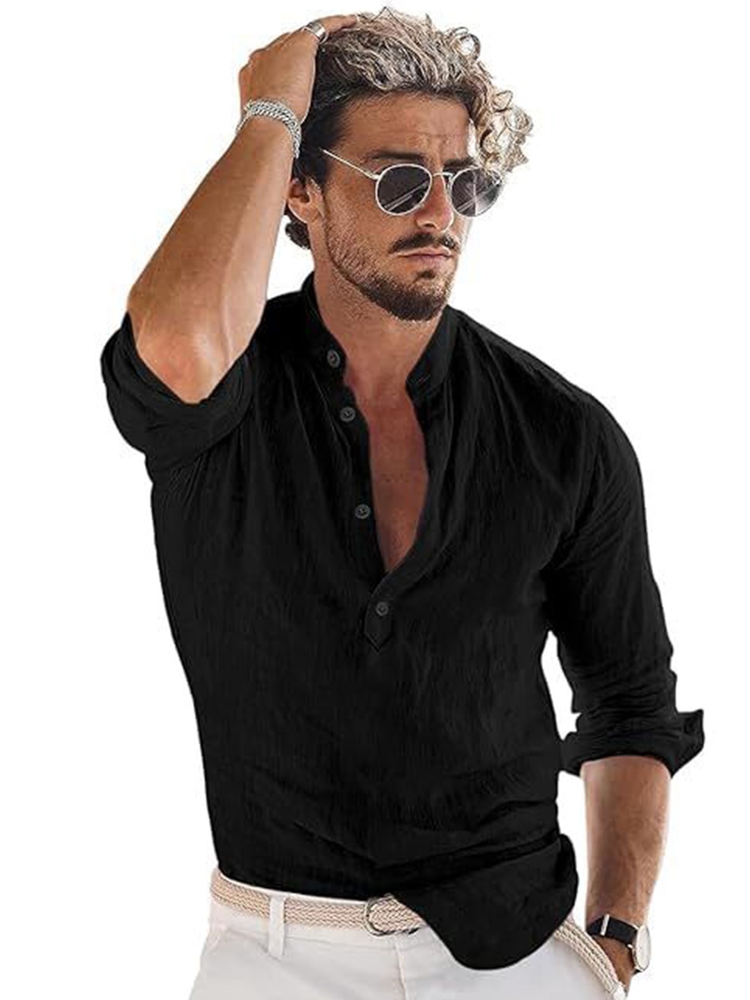 

EdinWolf Men India Slim Fit Mandarin Collar Solid Cotton Casual Shirt, Black