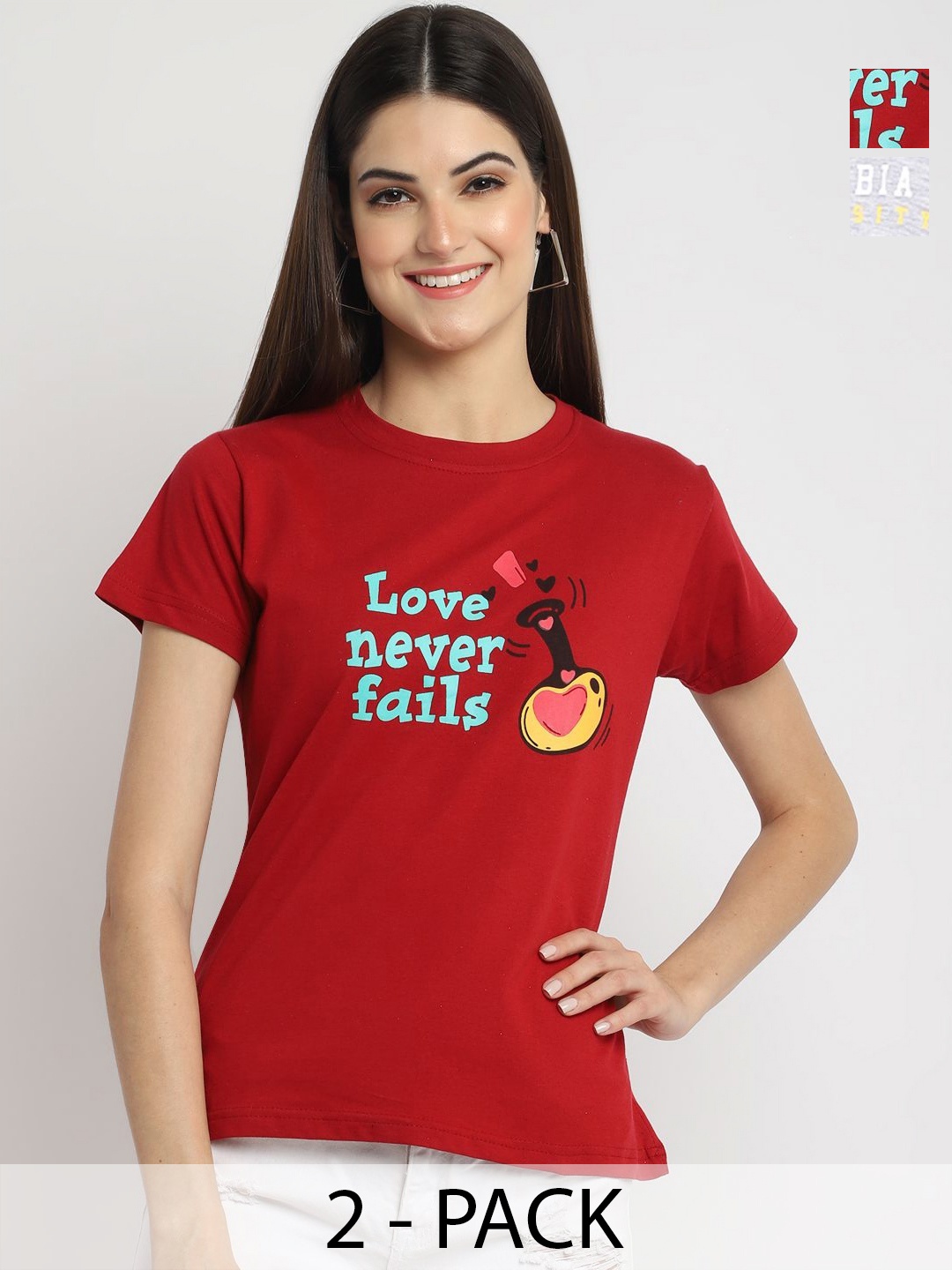 

Tromko Women Pack of 2 Typography Printed Round Neck Cotton Regular Fit T-shirts, Red