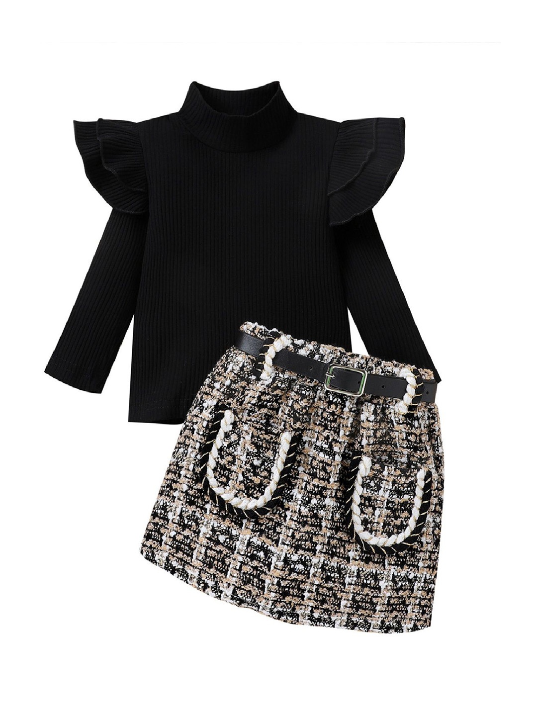 

Xsole Girls Abstract Printed Top with Skirt, Black