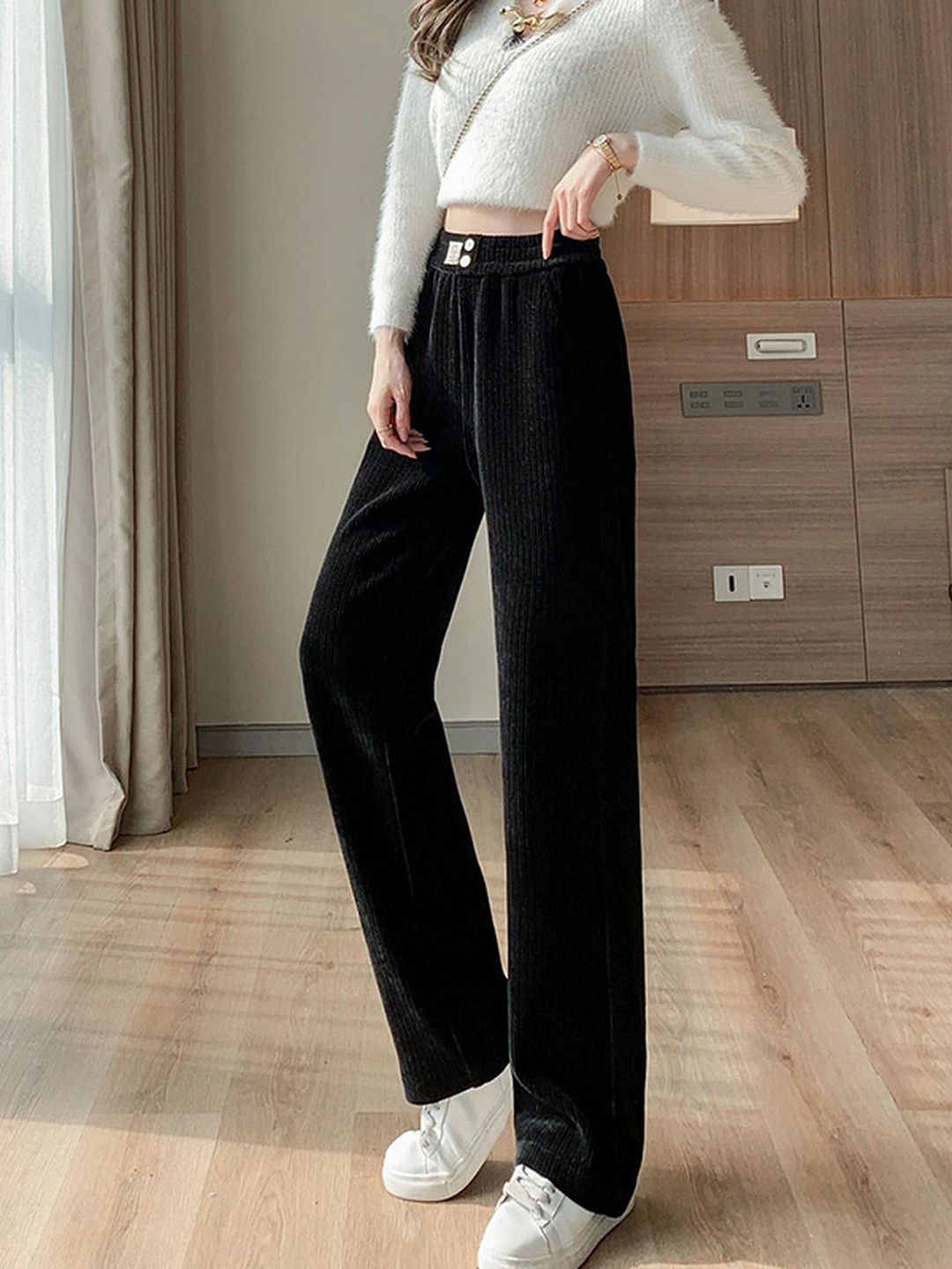 

Outzidr Women Wide Leg Relaxed Fit Fit Mid Rise Trousers, Black