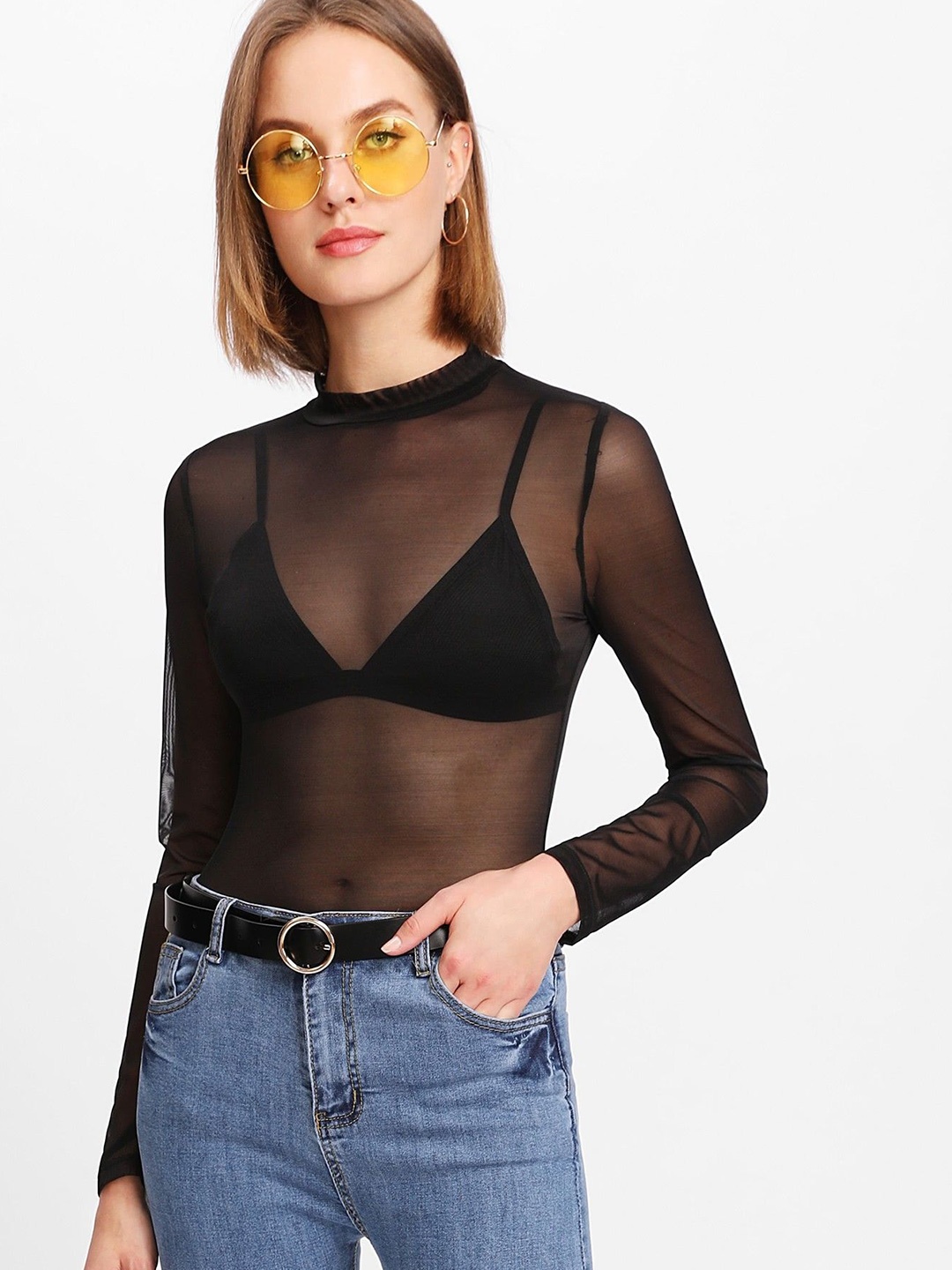 

CORSICA Women High Neck Sheer Fitted Top, Black