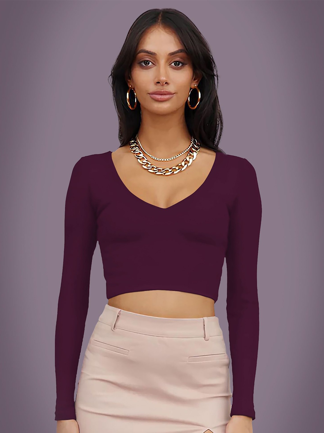 

Dream Beauty Fashion Solid V-Neck Long Sleeves Crop Top, Purple
