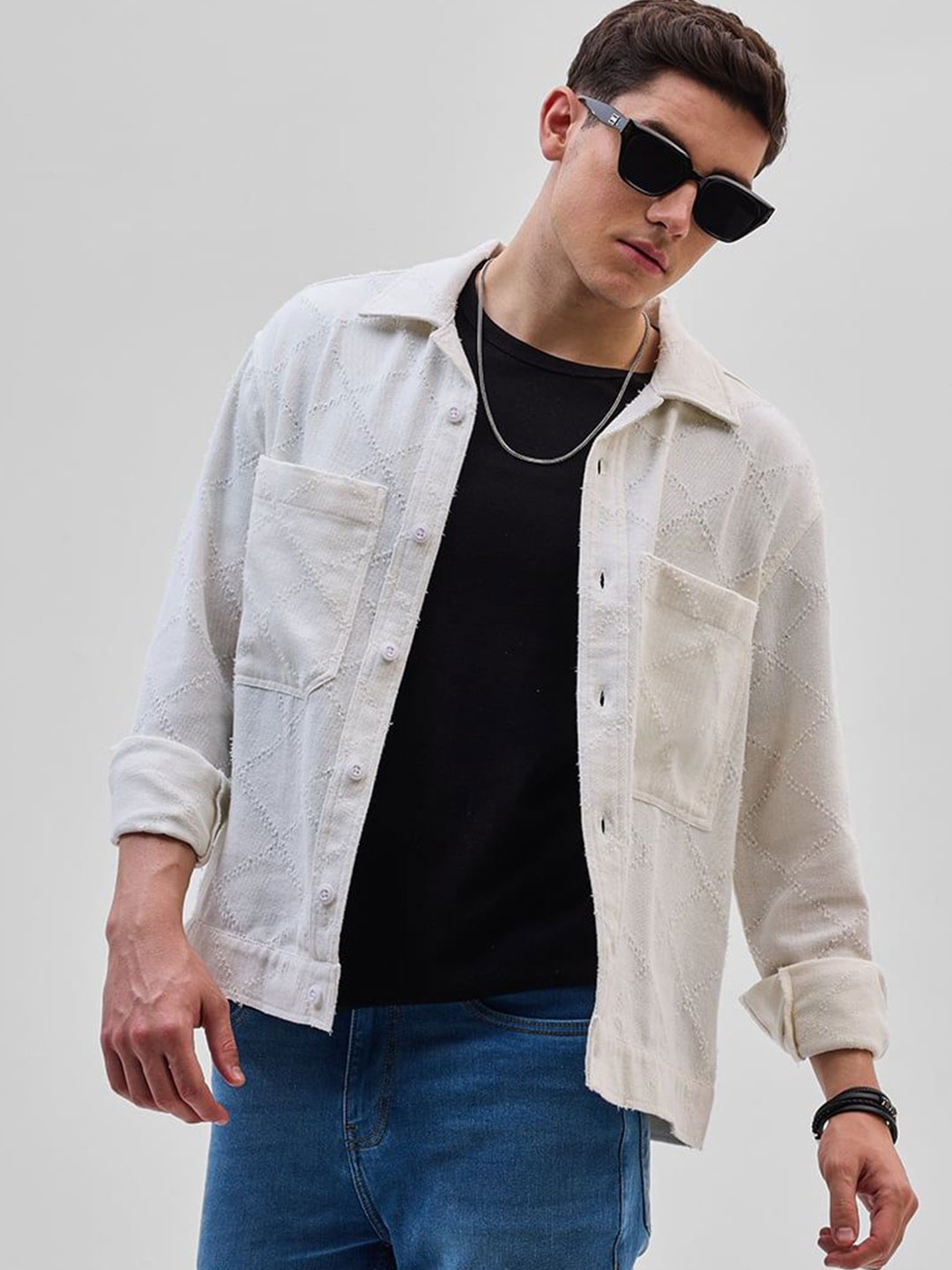 

Snitch Men Textured Relaxed Fit Casual Cotton Shacket, Off white