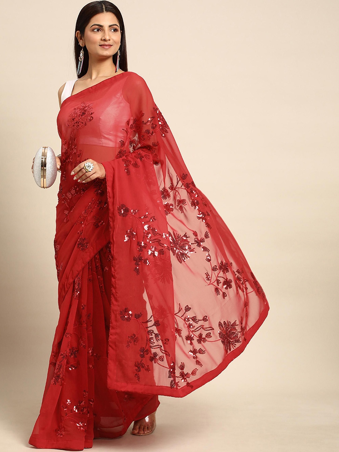 

THE52 Embellished Floral Sequined Saree, Red