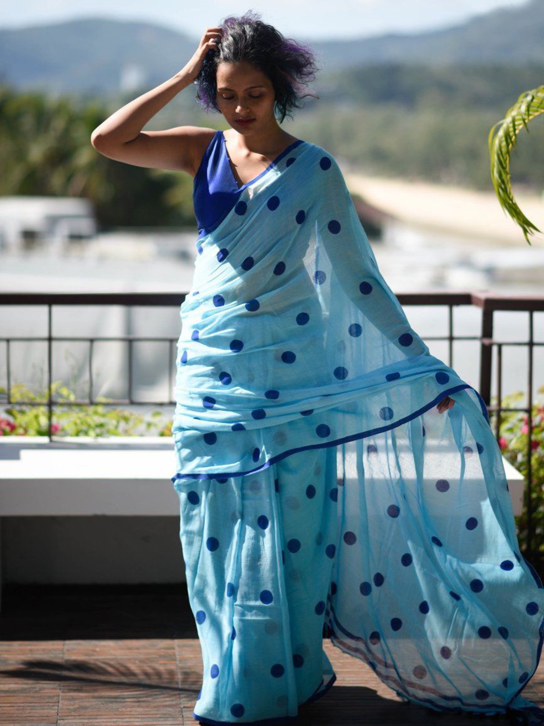 

Nimidiya Polka Dot Printed Pure Cotton Saree, Blue