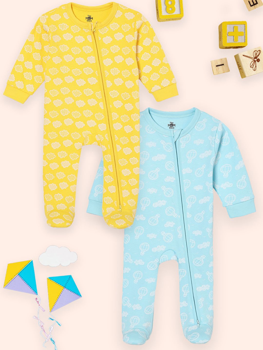 

The Mom Store Infants Pack Of 2 Printed Pure Cotton Sleepsuit, Yellow
