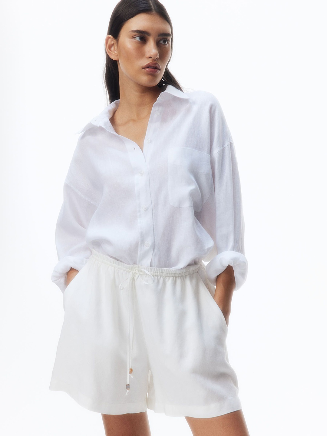 

H&M Women Linen-Blend Drawstring Shorts, White