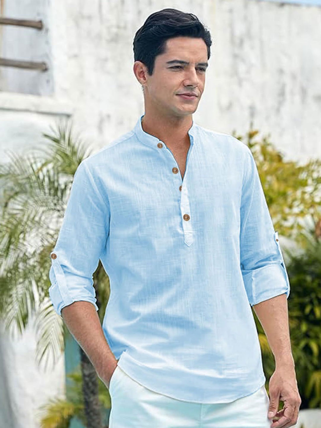 

EdinWolf Men India Slim Fit Mandarin Collar Solid Cotton Casual Shirt, Blue
