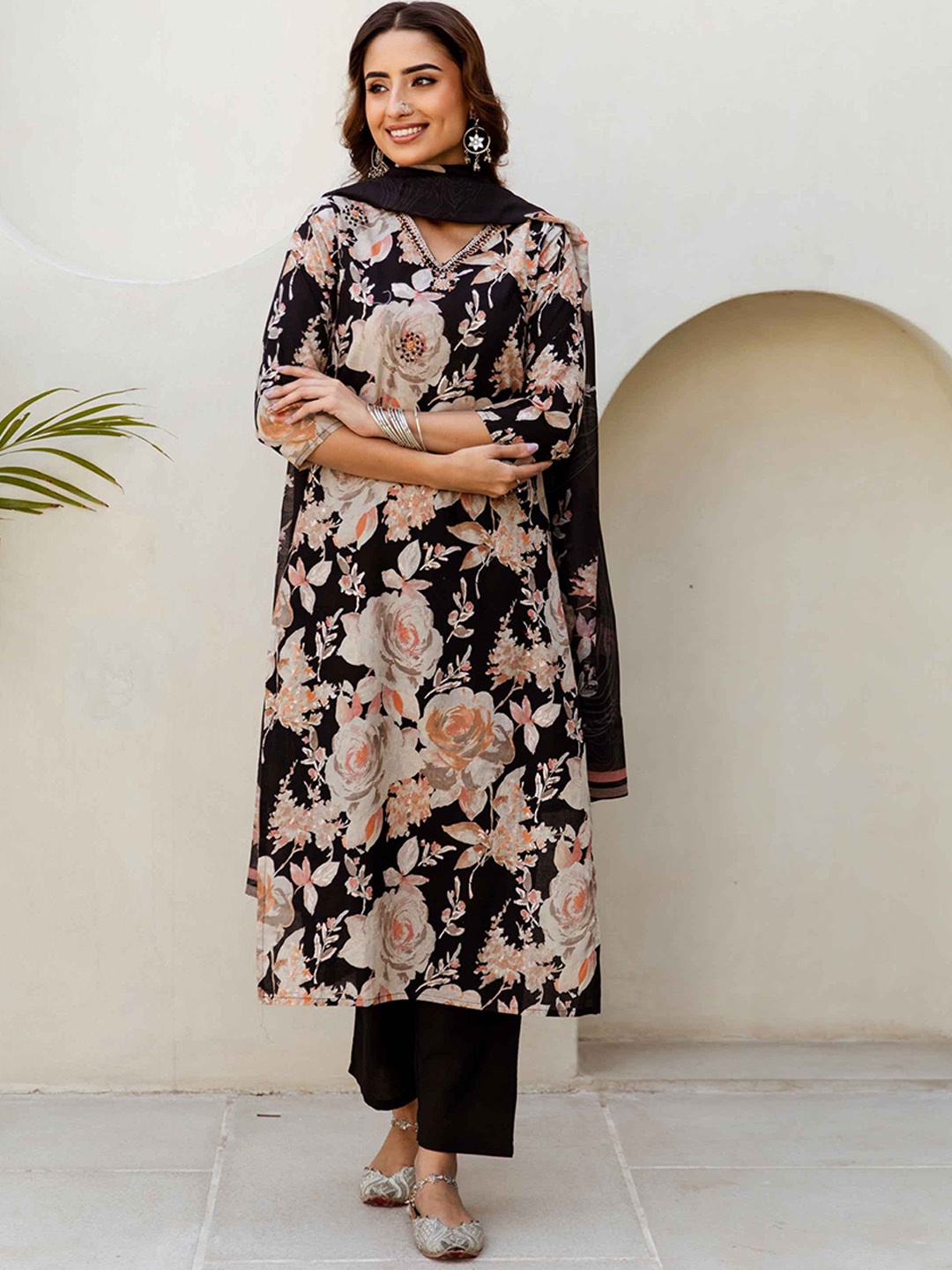 

KALINI Floral Printed V-Neck Kantha Work Pure Cotton Kurta With Trousers And Dupatta, Black