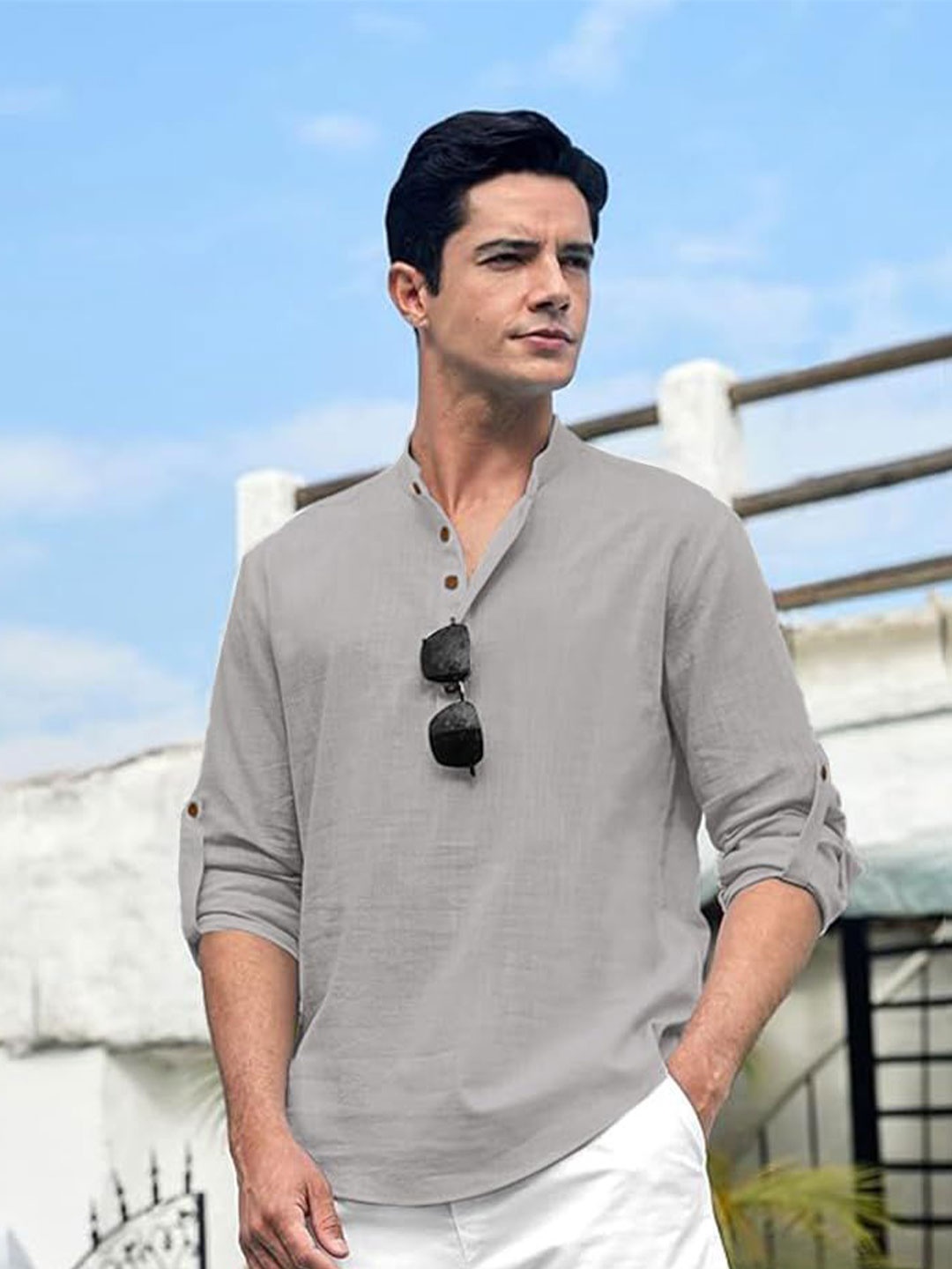 

EdinWolf Men India Slim Fit Band Collar Solid Cotton Casual Shirt, Grey