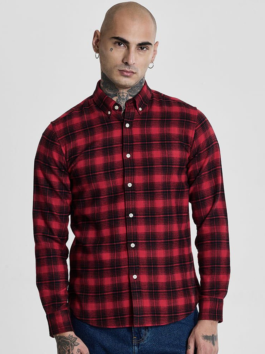 

Snitch Men Smart Slim Fit Button-Down Collar Checked Casual Shirt, Red