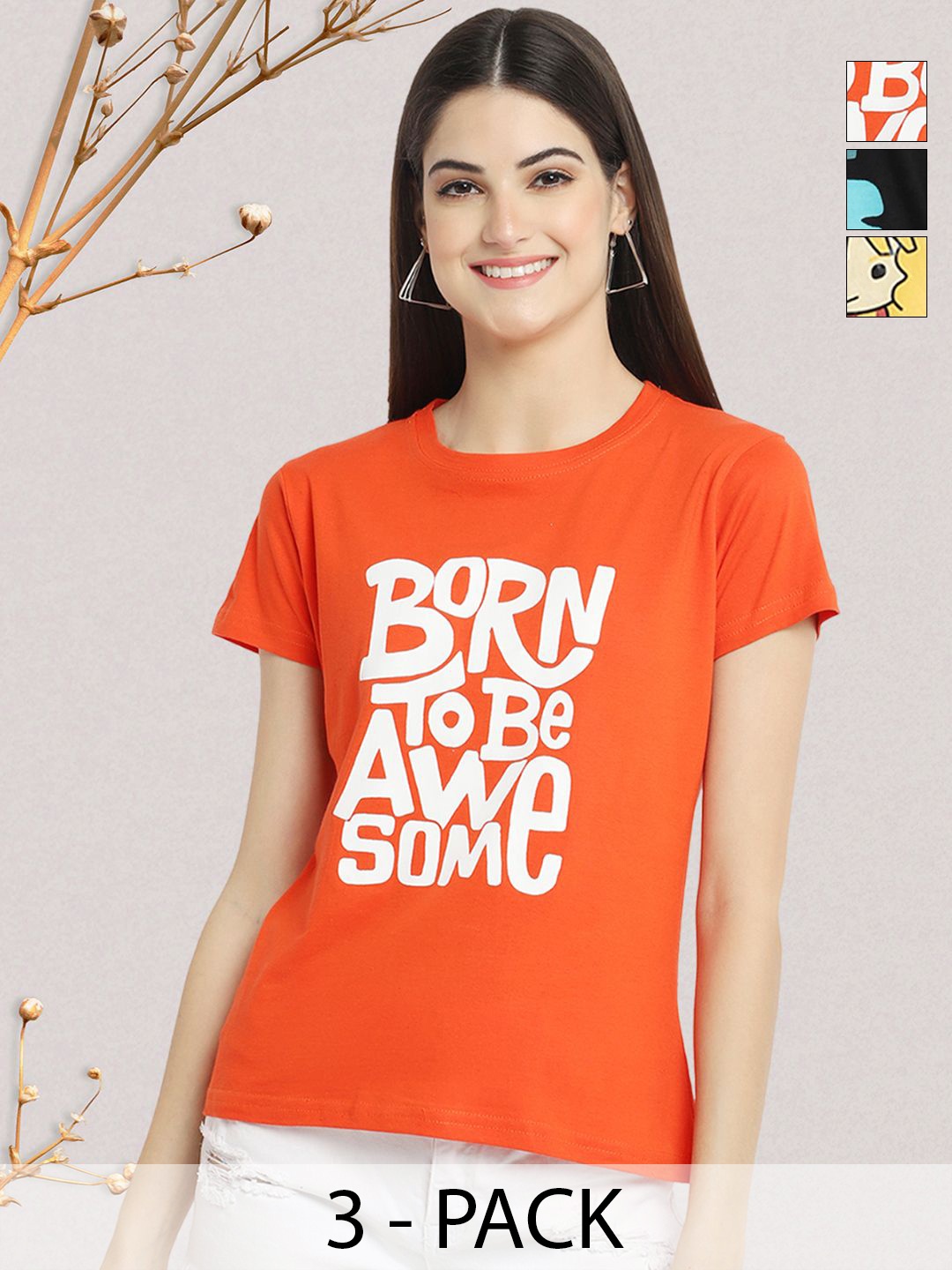 

GLOBAL NOMAD Women Pack of 3 Typography Printed Round Neck Cotton T-shirts, Orange