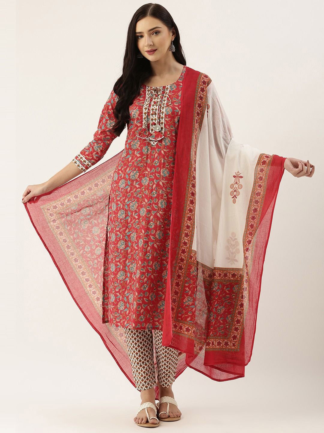 

Fourleaf Floral Printed Round Neck Pure Cotton Straight Kurta With Trousers & Dupatta, Red