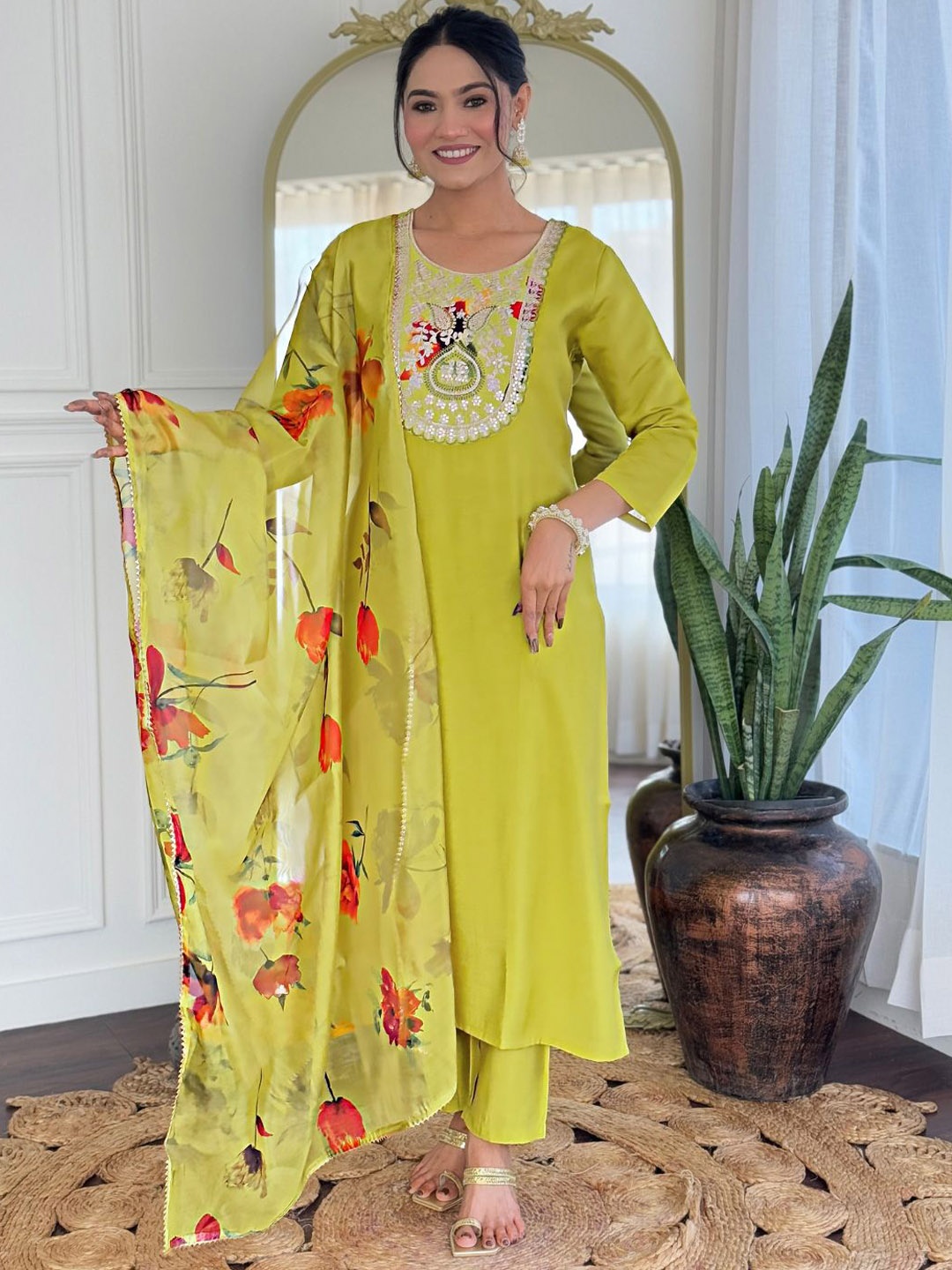 

KALINI Floral Embroidered Thread Work Straight Kurta With Trousers & Dupatta, Lime green