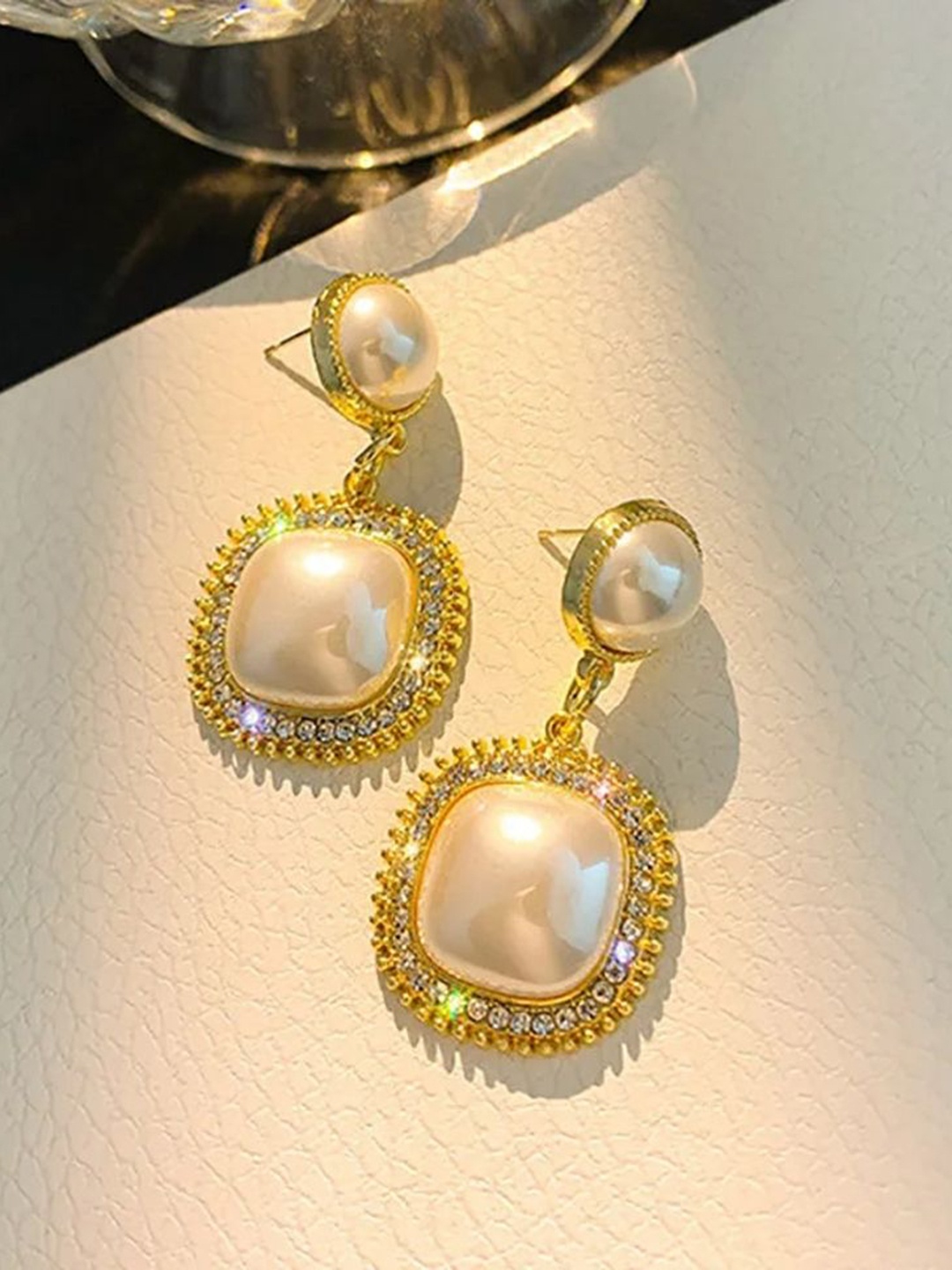 

Celestique Gold-Plated Pearls Studded Geometric Shaped Korean Drop Earrings