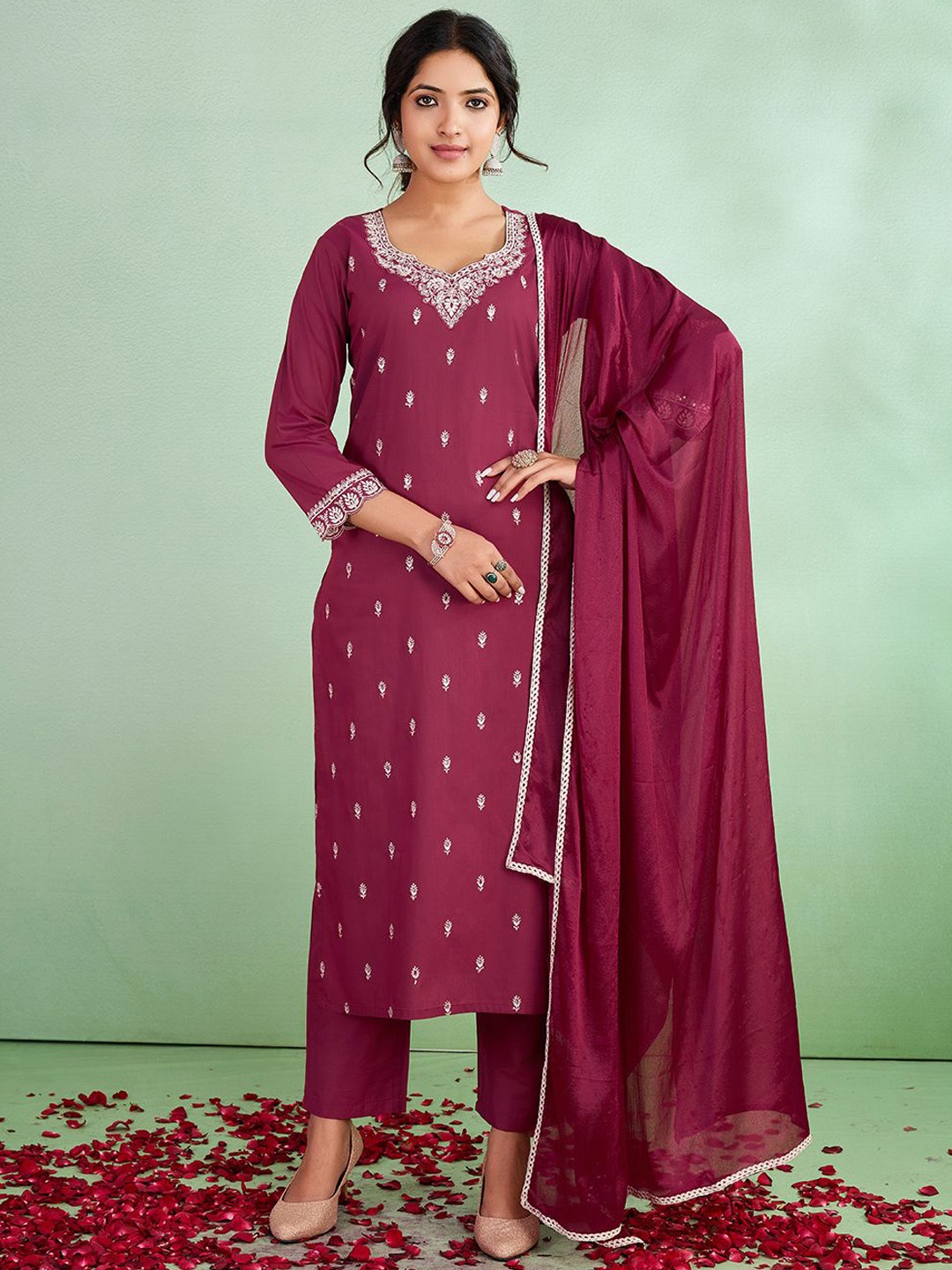 

SUAAC Floral Embroidered Sequinned Kurta With Trousers & Dupatta, Pink
