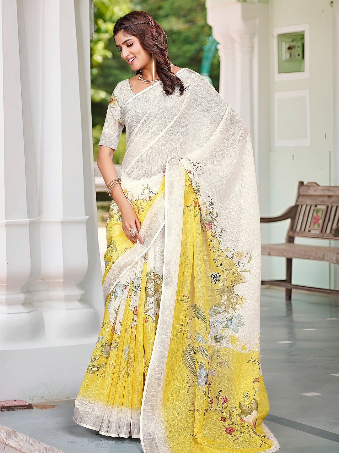 

Nimidiya Floral Printed Pure Cotton Saree, White