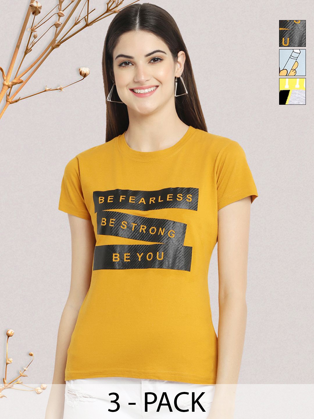 

GLOBAL NOMAD Women Pack of 3 Typography Printed Round Neck Cotton T-shirts, Yellow