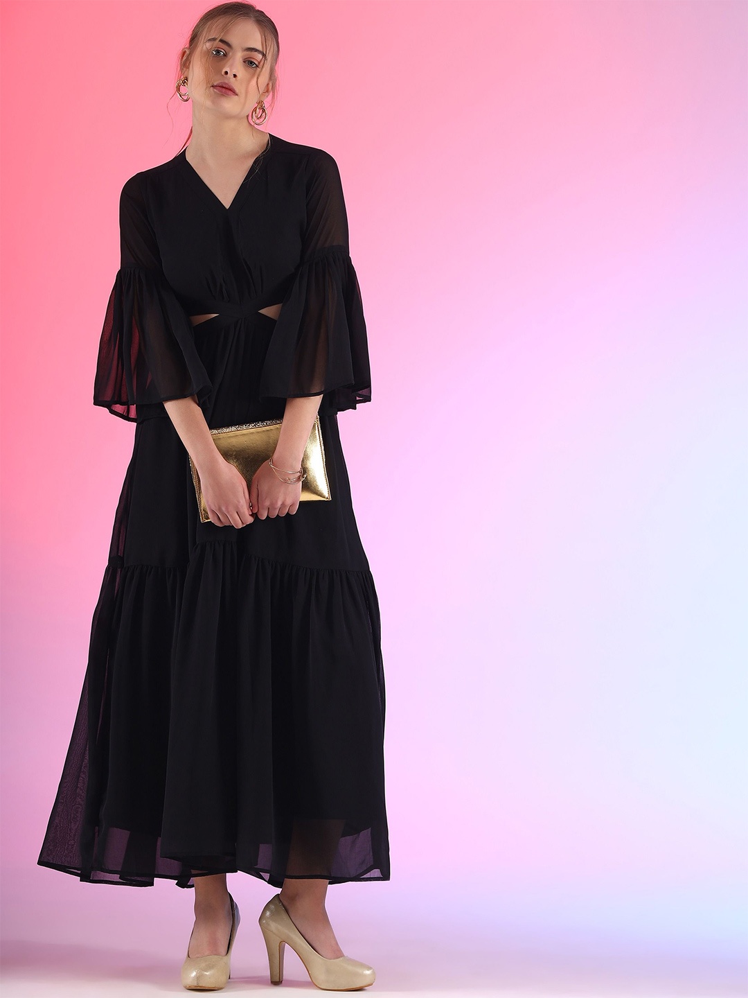 

De La Moda Women Bell Sleeve Fit & Flare Maxi Dress, Black
