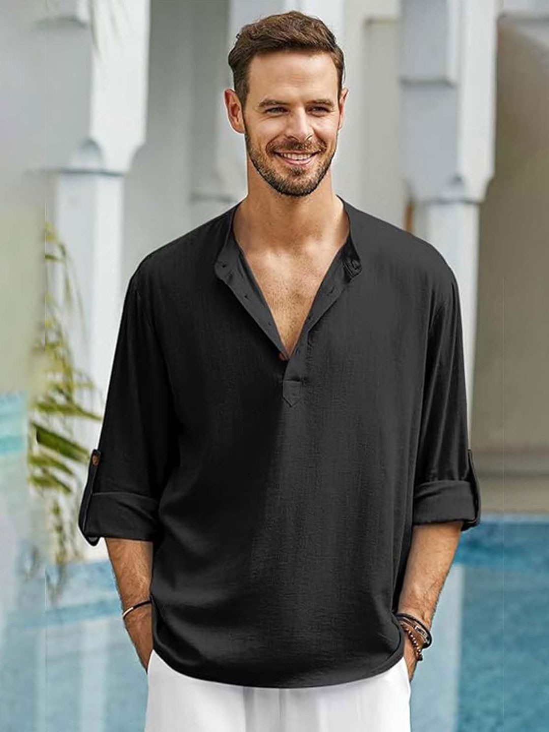 

EdinWolf Men India Slim Oversized Fit Mandarin Collar Solid Cotton Casual Shirt, Black